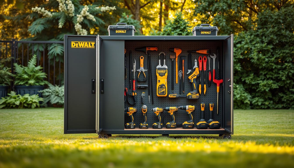 A well-lit, high-quality photograph of a sturdy DEWALT yard tool storage cabinet, showcasing its sleek, durable design. The cabinet is positioned in a lush, verdant backyard setting, with a soft, natural lighting casting warm hues across the scene. The foreground features the cabinet's metal construction, clean lines, and prominent DEWALT branding, inviting the viewer to appreciate its practical yet stylish aesthetic. In the middle ground, the cabinet is surrounded by a variety of neatly organized DEWALT power tools and hand tools, highlighting its intended purpose as a comprehensive storage solution. The background subtly blends the cabinet into the serene outdoor environment, creating a harmonious and visually appealing composition.