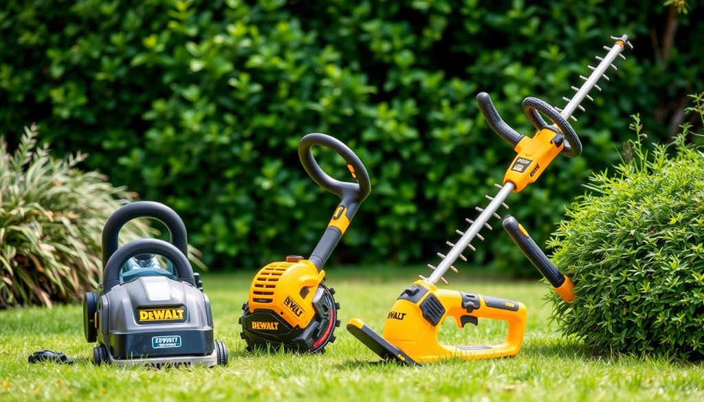 A well-lit, high-quality photograph of a variety of DEWALT landscaping equipment, including a powerful lawn edger, a heavy-duty string trimmer, and a robust hedge trimmer, arranged in a natural, outdoor setting with lush greenery in the background. The equipment should be presented in a way that showcases their sturdy construction, ergonomic design, and ease of use, creating a visually appealing and informative image that reflects the user experience and customer reviews mentioned in the article.