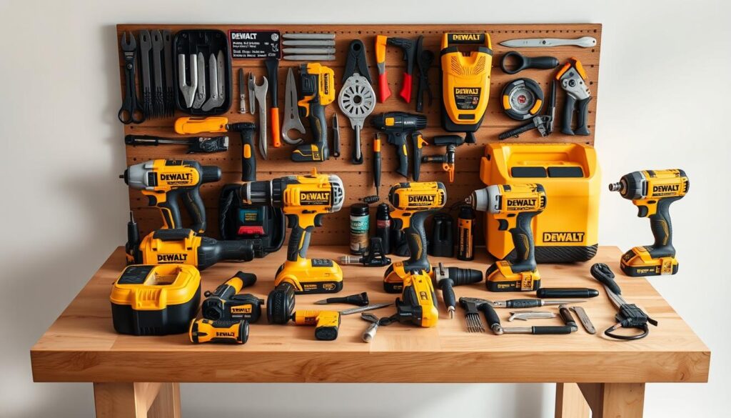 A well-lit, high-quality photograph of an assortment of DeWalt power tools, hand tools, and accessories, arranged neatly on a clean, wooden workbench. The tools should have a prominent "Made in USA" branding, showcasing their American heritage. The image should have a warm, professional tone, emphasizing the durability, reliability, and craftsmanship of the DeWalt brand. The tools should be captured from a slightly elevated angle, creating a sense of quality and attention to detail. The background should be a clean, neutral color that allows the tools to take center stage.