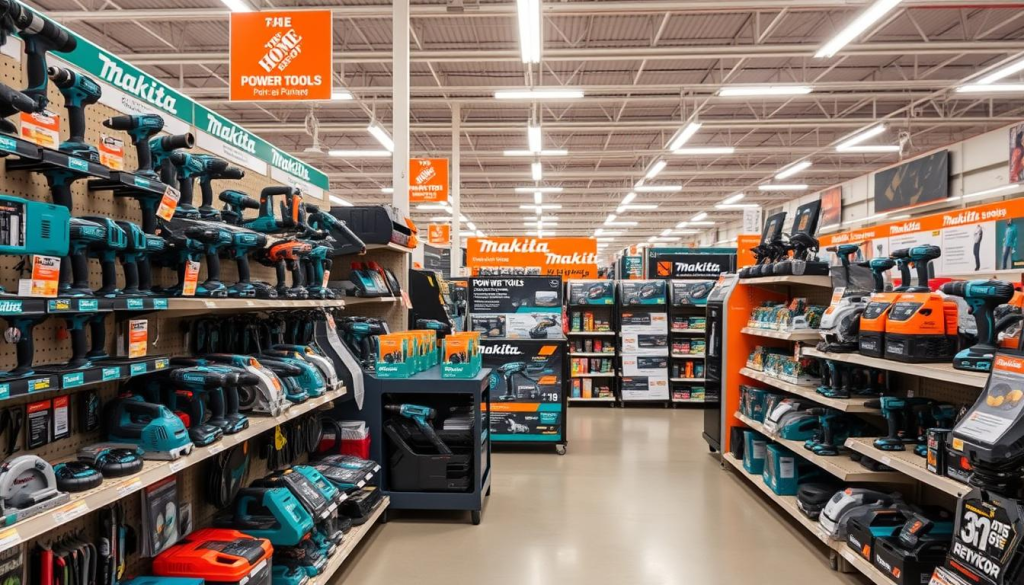 A well-lit, high-quality photograph of an assortment of Makita power tools displayed prominently on the shelves of a Home Depot store. The foreground showcases a diverse selection of Makita drills, saws, grinders, and other accessories, all neatly arranged and highlighted with strategic lighting. The middle ground features informative signage and promotional displays highlighting special offers and discounts on Makita products. The background depicts the clean, organized layout of the Home Depot power tools section, with ample space and a sense of depth. The overall scene conveys a sense of professionalism, quality, and an elevated shopping experience for the customer.