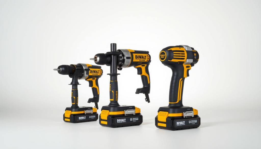 A well-lit, high-quality photograph of three top-rated DeWalt hammer drills positioned prominently against a clean, minimalist background. The drills are displayed at different angles, showcasing their sleek, ergonomic designs and premium metal construction. Soft shadows create a sense of depth and dimension, while the lighting accentuates the tools' shiny, polished surfaces. The image conveys a sense of durability, reliability, and professional-grade performance, reflecting the warranty and customer support associated with these DeWalt power tools.