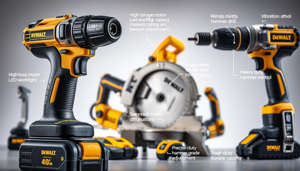 A well-lit, high-quality photograph of various DEWALT power tools showcasing their innovative features. In the foreground, a cordless drill with a high-torque motor, LED worklight, and ergonomic grip. In the middle ground, a powerful miter saw with a large cutting capacity and precise miter and bevel adjustments. In the background, a heavy-duty hammer drill with an SDS-Plus chuck, vibration control, and a tough, durable casing. The tools are arranged in a visually appealing layout, highlighting their advanced technology, durability, and professional-grade performance. The lighting is soft and diffused, creating a clean, modern, and aspirational atmosphere.