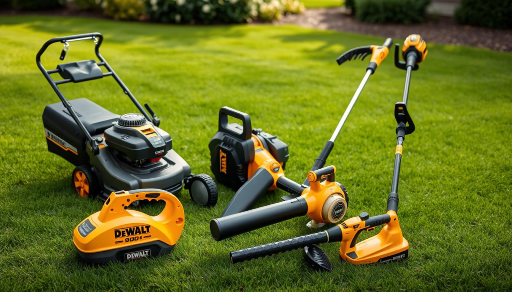 A well-lit, high-quality photograph showcasing an array of premium DEWALT yard equipment, including a powerful gas-powered lawn mower, a robust leaf blower, and a heavy-duty string trimmer. The tools are arranged in a visually appealing layout against a backdrop of a lush, neatly manicured lawn, with a sense of balance and symmetry. The lighting is soft and diffused, highlighting the sleek, modern designs and the robust, durable construction of the DEWALT products. The scene conveys a sense of quality, reliability, and the ability to tackle even the most demanding outdoor tasks with ease.