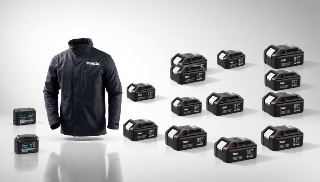 A well-lit, high-quality photograph showcasing the battery options for the Makita Heated Jacket. In the foreground, the jacket itself is prominently displayed, its sleek design and premium materials evident. Surrounding the jacket are the various battery packs, neatly arranged to highlight their compatibility and interchangeability. The batteries are shown from multiple angles, with clear details of their capacity, voltage, and charging indicators. The middle ground features a clean, minimalist backdrop, allowing the products to take center stage. Subtle highlights and shadows create depth and emphasize the quality of the materials. The overall mood is professional, informative, and designed to showcase the Makita Heated Jacket's versatile battery system in an appealing and visually striking manner.