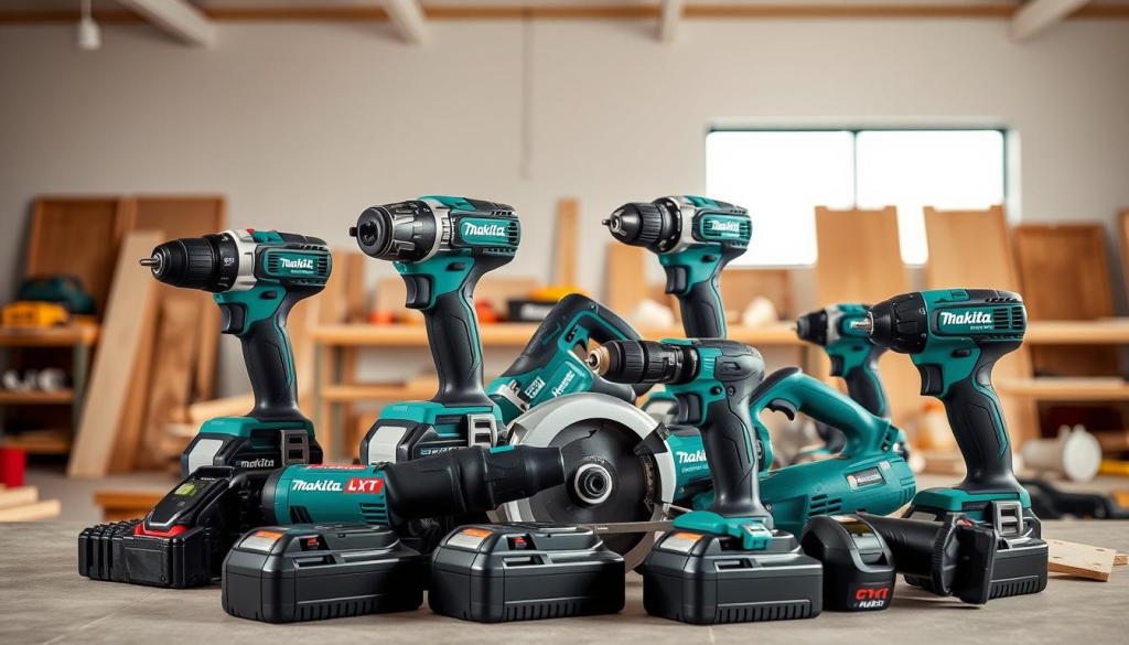 A well-lit, high-quality photograph showcasing the versatility of Makita's LXT cordless power tools. In the foreground, a diverse array of tools including a drill, impact driver, circular saw, and angle grinder, all in the distinctive Makita green and black color scheme. The tools are arranged in a dynamic, overlapping composition, conveying a sense of power and capability. In the middle ground, a workbench or job site setting, with construction materials and tools scattered around, highlighting the tools' suitability for a variety of tasks. The background features a clean, bright environment, possibly an indoor workshop or outdoor job site, emphasizing the tools' versatility across different work environments. The overall mood is professional, modern, and focused on the high-performance and adaptability of the Makita LXT cordless power tool system.