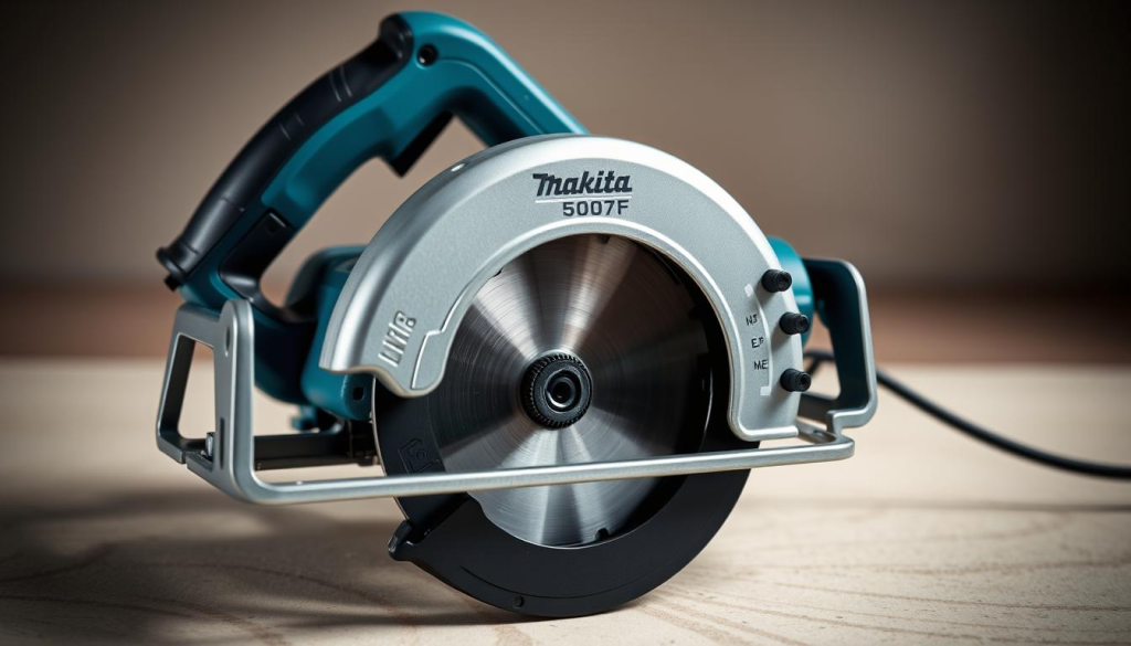 A well-lit, high-quality photographic close-up of a Makita 5007F circular saw, displayed on a clean, neutral-colored surface. The saw is prominently featured, showcasing its robust construction, ergonomic design, and precision controls. The image captures the saw's key features, including the large blade guard, easy-to-read depth and bevel adjustments, and the sturdy, comfortable grip. The lighting is soft and diffused, highlighting the saw's metallic finish and creating a sense of depth and texture. The background is slightly blurred, drawing the viewer's attention to the saw itself. The overall composition and attention to detail convey the saw's quality, reliability, and user-friendly operation.