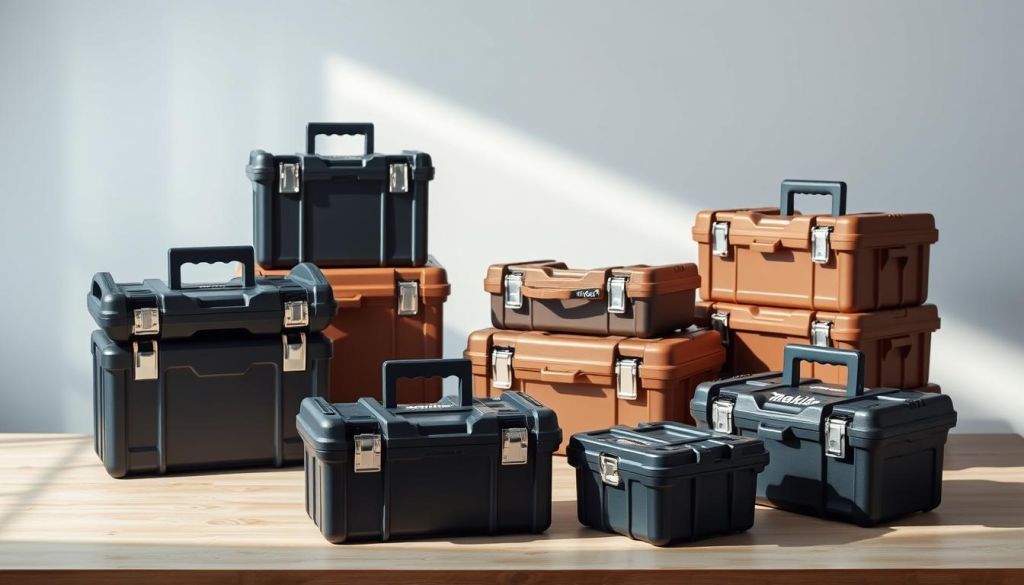 A well-lit, high-quality photographic still-life showcasing an assortment of Makita tool boxes in various sizes. The boxes are arranged on a clean, minimalist surface, such as a wooden table or white backdrop, to highlight their sleek, durable design. The lighting is soft and evenly distributed, creating subtle shadows that accentuate the textural details of the boxes. The camera angle is slightly elevated, providing a clear, unobstructed view of the different box sizes, ranging from compact to large, allowing the viewer to appreciate the versatility of the Makita tool box lineup. The overall composition is balanced and visually appealing, conveying a sense of professional-grade storage solutions for the discerning tool user.