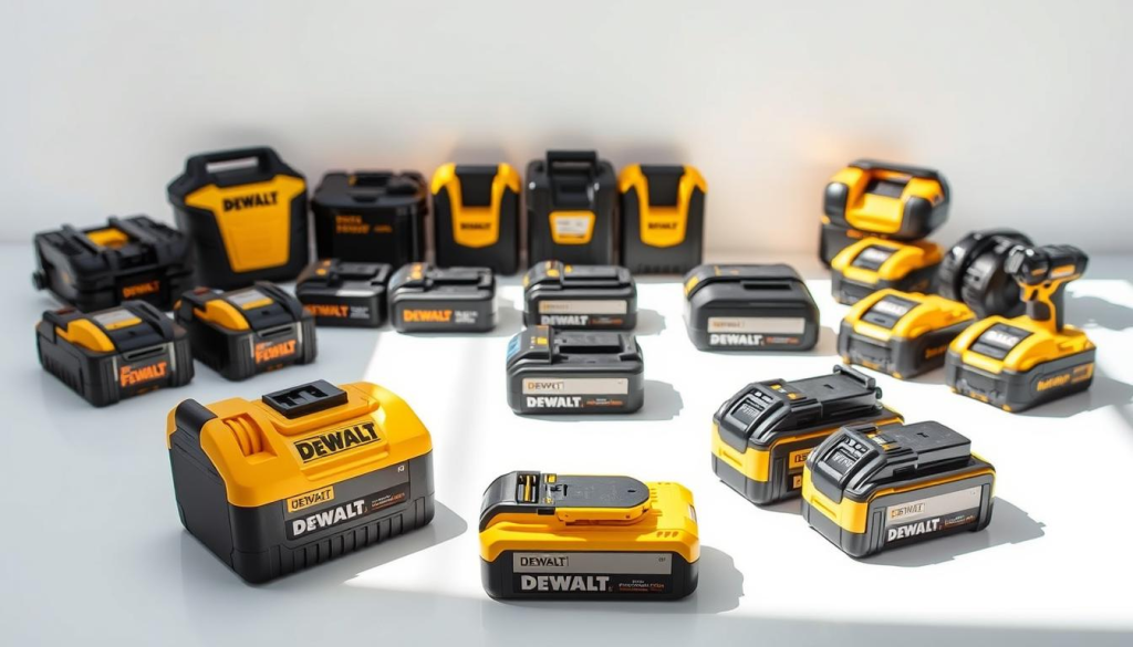 A well-lit, high-quality product comparison image showcasing various DEWALT battery models alongside their competitive counterparts. The foreground prominently features the DEWALT batteries, displayed at an angle to highlight their distinct design and branding. The middle ground includes neatly arranged battery packs from rival brands, allowing for a side-by-side price and performance assessment. The background maintains a clean, minimalist aesthetic, with subtle shadows and reflections to enhance the overall visual appeal. Bright, natural lighting creates a sense of clarity and attention to detail, inviting the viewer to closely examine the products and their relative value propositions.