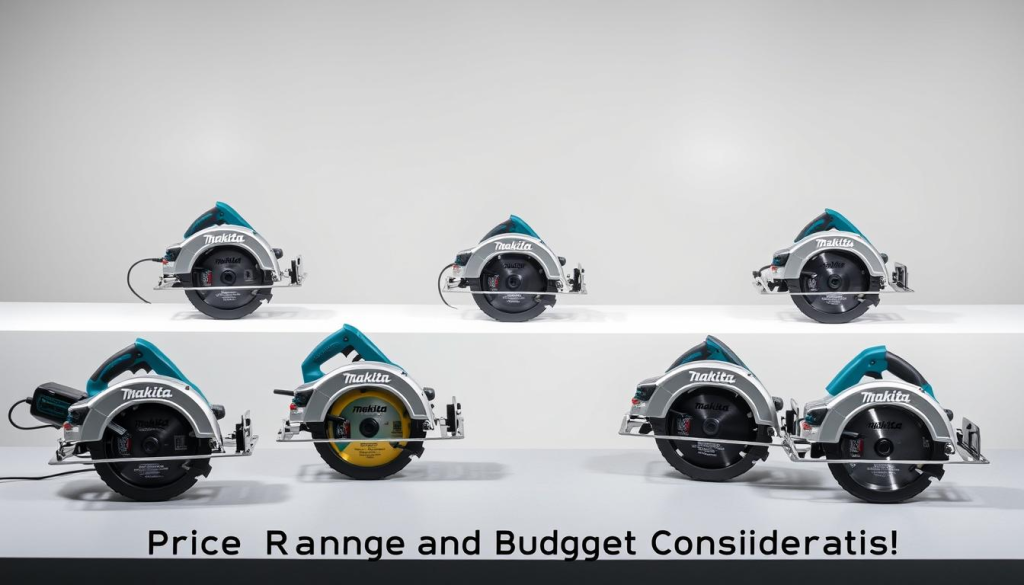 A well-lit, high-quality product comparison image showcasing various Makita 7-1/4" circular saw models in a clean, minimalist studio setting. The saws are arranged in the foreground on a sleek grey tabletop, with their key specifications and price tags clearly visible. The middle ground features a subtle, defocused background, highlighting the tools while providing context. Soft, diffused lighting from multiple angles accentuates the saws' features and creates depth. The overall mood is professional, informative, and designed to aid the reader's purchasing decision within the "Price Range and Budget Considerations" section.