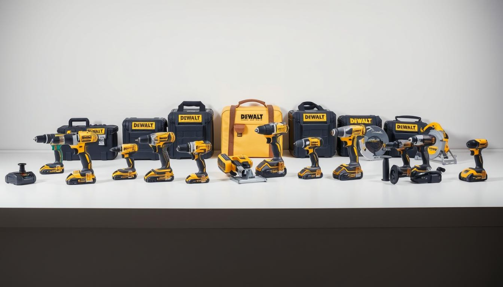 A well-lit, high-quality product comparison of DEWALT power tools arranged on a clean, minimalist surface. In the foreground, an assortment of DEWALT drill, impact driver, and saw models displayed in a neat, organized manner, showcasing their distinct designs and features. The middle ground features a neutral-colored background, allowing the tools to take center stage. Subtle shadows and reflections enhance the sense of depth and three-dimensionality. The overall scene conveys a sense of quality, attention to detail, and the value proposition of DEWALT's tool lineup.