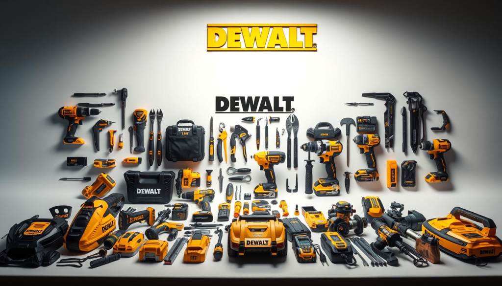 A well-lit, high-quality product display showcasing the diverse DEWALT product range, including power tools, hand tools, and accessories, arranged in a visually appealing layout. The items are placed on a clean, minimalist background, with careful attention to color, texture, and overall aesthetics. The image captures the origin and manufacturing prowess of the DEWALT brand, highlighting its global reach and commitment to quality. The lighting creates a professional, studio-like atmosphere, emphasizing the products' features and durability. The composition balances the various DEWALT items, creating a cohesive and visually striking representation of the brand's extensive product lineup.