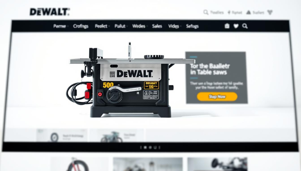 A well-lit, high-quality product shot of a DEWALT table saw displayed on a clean, minimalist online store webpage. The saw is positioned prominently in the foreground, its gleaming metal and sturdy construction clearly visible. The background is a simple white or light gray, allowing the saw to stand out. Subtle shadows and soft lighting create depth and dimensionality, giving the image a professional, e-commerce feel. The overall composition is balanced and visually appealing, showcasing the table saw's quality and suitability for online purchase.