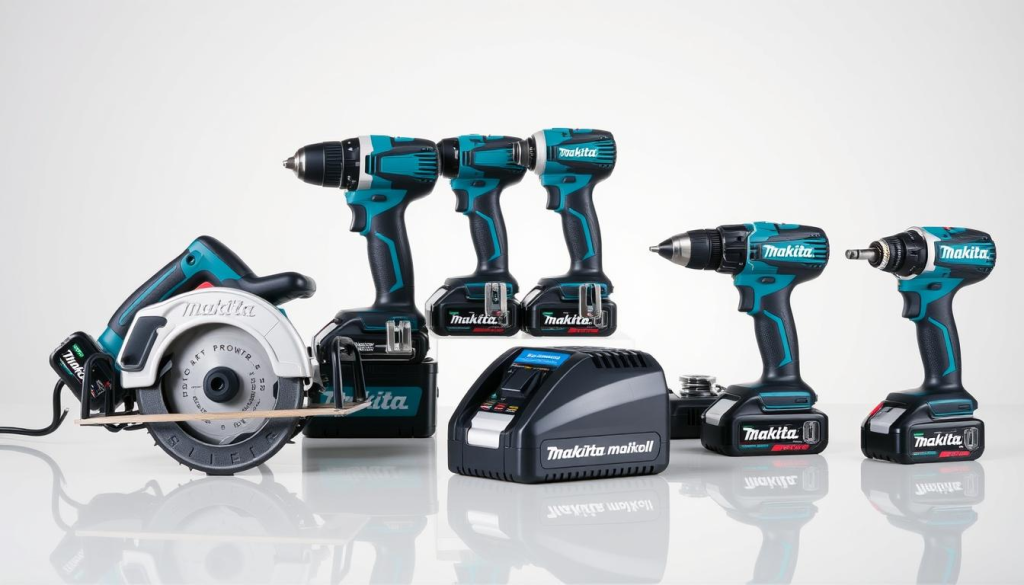 A well-lit, high-quality product shot of an assortment of Makita 40V cordless power tools, including a circular saw, impact driver, and hammer drill, arranged neatly on a clean, reflective surface. The tools have a sleek, modern design with a distinct blue and black color scheme. The lighting is soft and diffused, creating natural shadows and highlights that accentuate the tools' features and textures. The image has a crisp, professional feel, showcasing the power, versatility, and quality of the Makita 40V line of cordless power tools.