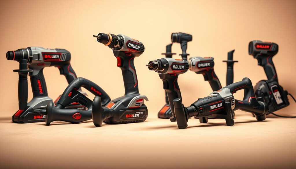 A well-lit, high-quality product shot of several Bauer power tools arranged on a clean, neutral-colored background. The tools should be prominently displayed, showcasing their distinctive design, features, and branding. Capture the tools from an angle that highlights their ergonomic handles, robust construction, and advanced capabilities. Use a shallow depth of field to keep the tools in sharp focus while creating a soft, blurred background. Convey a sense of quality, precision, and the innovative capabilities of Bauer power tools.