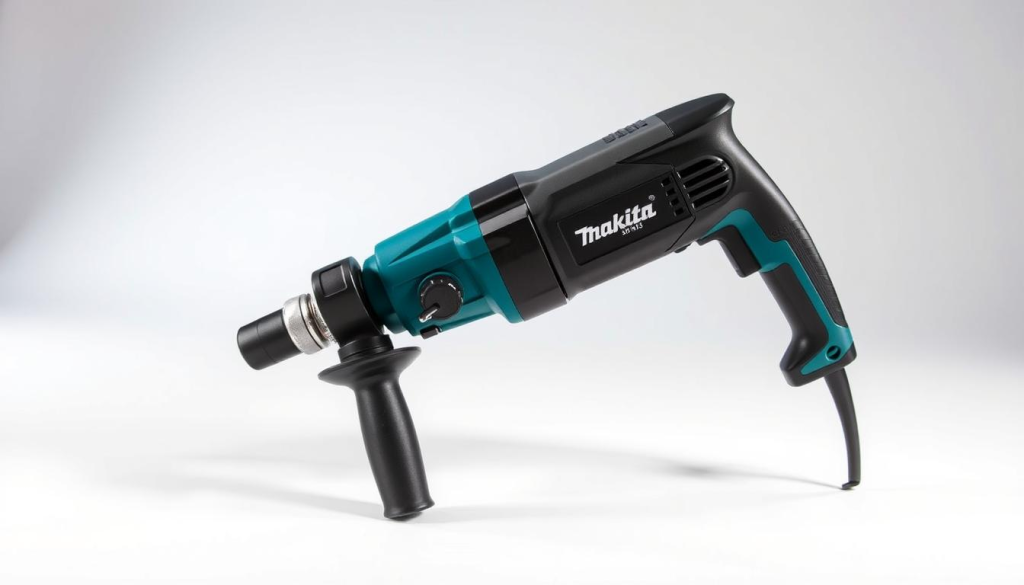 A well-lit, high-quality product shot of the best Makita rotary hammer, showcased in a clean, professional studio setting. The tool is positioned in the center of the frame, with a sharp focus on its durable construction and high-performance features. Soft, directional lighting from the left accentuates the tool's sleek design and metallic accents, while a neutral background allows the rotary hammer to take center stage. The image captures the power, precision, and reliability that defines the Makita brand, making it an ideal visual representation for the "How to Choose the Right Makita Rotary Hammer" section of the article.