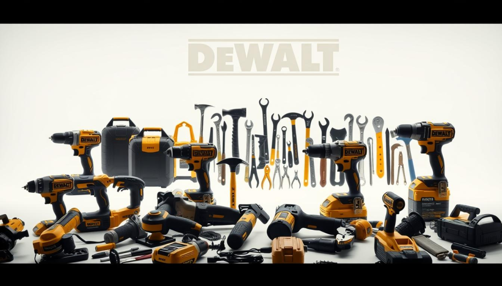 A well-lit, high-quality product shot showcasing the diverse DEWALT product range. In the foreground, a selection of power tools including drills, saws, and sanders, all arranged neatly against a clean, white background. In the middle ground, a variety of hand tools like hammers, wrenches, and pliers, highlighting DEWALT's comprehensive tool offerings. In the background, a faint silhouette of the DEWALT logo, subtly reinforcing the brand identity. The lighting is soft and diffused, creating a professional, studio-quality aesthetic that emphasizes the quality and craftsmanship of the DEWALT tools. The overall composition is balanced and visually appealing, allowing the viewer to focus on the impressive breadth of the DEWALT product line.