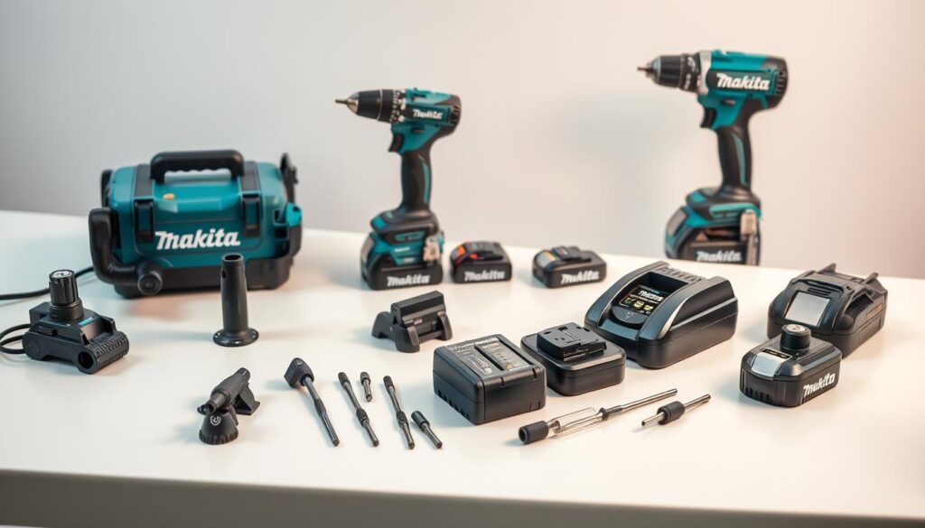 A well-lit, high-quality still life composition showcasing an assortment of Makita Inverter accessories on a sleek, minimalist workbench. The foreground features a Makita Inverter power tool, its sleek and modern design complemented by various compatible attachments and accessories, such as batteries, chargers, and specialized tool bits, arranged in an aesthetically pleasing manner. The middle ground includes a Makita cordless power tool, highlighting the versatility and compatibility of the Inverter system. The background depicts a clean, uncluttered workspace, with subtle hints of the Makita brand's signature teal color palette, emphasizing the professional and high-performance nature of the products.