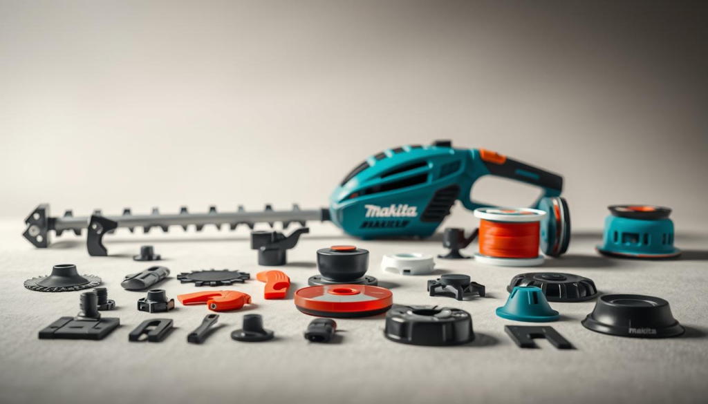 A well-lit, high-quality still-life image capturing an array of Makita string trimmer accessories arranged on a clean, neutral-colored surface. In the foreground, various trimmer heads, spools, and safety guards are displayed with precise detail, showcasing the brand's diverse range of functional and durable attachments. The middle ground features a Makita string trimmer unit, its sleek and ergonomic design highlighted by the carefully curated accessories. The background subtly blurs, maintaining the focus on the main subject matter. The overall composition conveys a sense of professionalism, quality, and the versatility of the Makita string trimmer system.