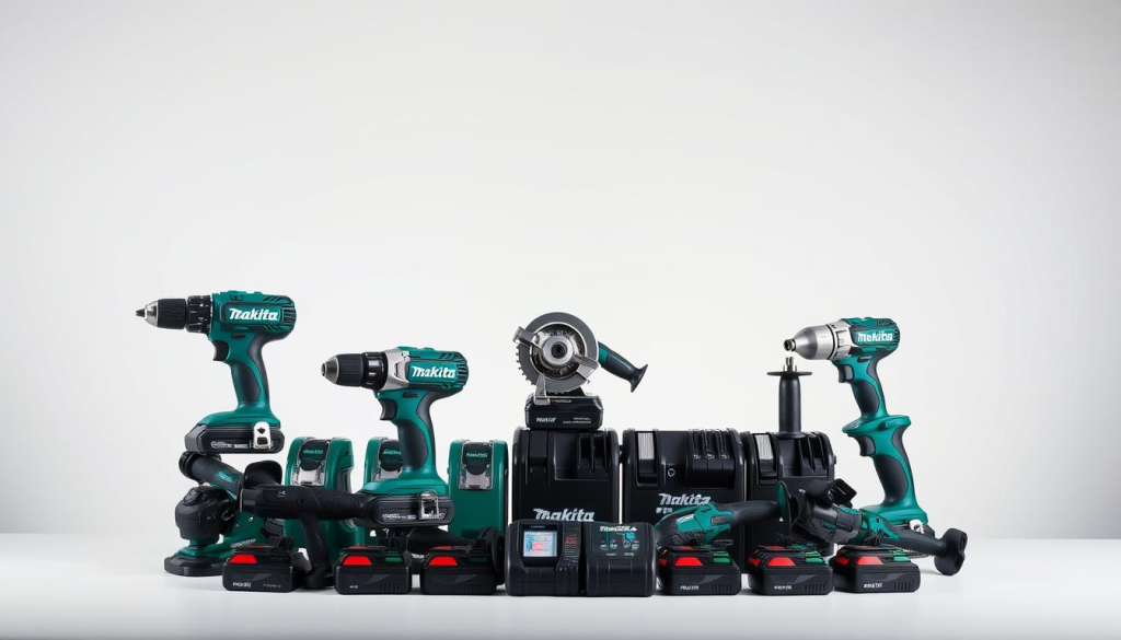 A well-lit, high-quality still life image showcasing an assortment of Makita power tools against a clean, neutral background. The foreground features a variety of Makita's signature green and black tools, including a drill, impact driver, circular saw, and grinder, arranged in a visually appealing and symmetrical composition. The middle ground includes various Makita battery packs and chargers, highlighting the brand's focus on cordless technology. The background is a simple, slightly out-of-focus studio setting, creating a sense of depth and emphasis on the tools themselves. The lighting is bright and even, casting subtle shadows that add depth and dimension to the scene. The overall mood is professional, sleek, and focused on the superior craftsmanship and capabilities of Makita power tools.