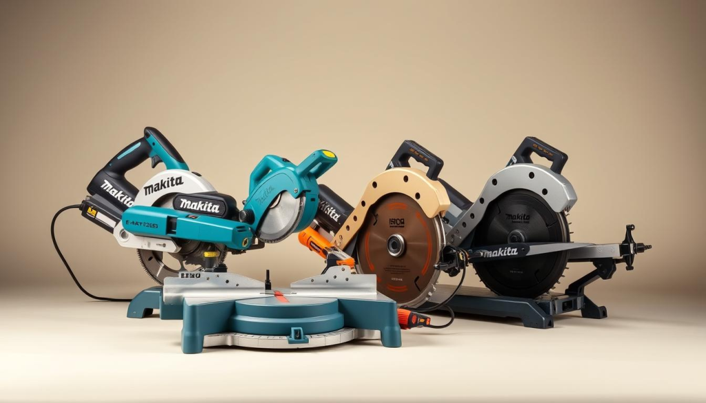 A well-lit, high-quality studio photograph of a Makita 10-inch miter saw placed side-by-side with two other popular 10-inch miter saw models from competing brands. The Makita saw is positioned in the foreground, with the other saws arranged behind it in a clean, organized manner to facilitate direct visual comparison. The saws are angled slightly towards the camera, showcasing their key features like blade guards, adjustment knobs, and power cords. The background is a simple, neutral color that allows the saws to be the central focus. The lighting is soft and flattering, accentuating the details and textures of the tools. The overall scene conveys a sense of precision, quality, and the ability to make an informed purchasing decision.
