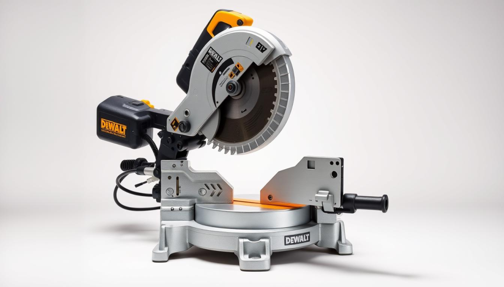 A well-lit, high-quality studio photograph of a top-rated DEWALT miter saw, captured at a 45-degree angle to showcase its impressive build quality and precision engineering. The saw's sturdy aluminum base, powerful motor, and adjustable bevel and miter settings are prominently featured, inviting the viewer to imagine its performance in a variety of woodworking projects. The image exudes a sense of professionalism and reliability, reflecting the reputation of the DEWALT brand. The background is clean and uncluttered, allowing the miter saw to be the central focus of the composition.
