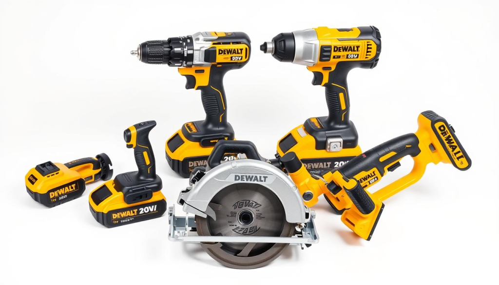 A well-lit, high-quality studio photograph of an assortment of DEWALT 20V power tools, including a cordless drill, impact driver, circular saw, and reciprocating saw, neatly arranged on a clean white background. The tools are showcased from a slightly elevated angle, allowing for a clear, detailed view of their sleek, modern design and high-quality construction. The lighting is crisp and directional, highlighting the tools' metallic accents and creating a sense of depth and dimension. The overall composition is balanced and visually appealing, inviting the viewer to closely examine the versatile capabilities of the DEWALT 20V lineup.