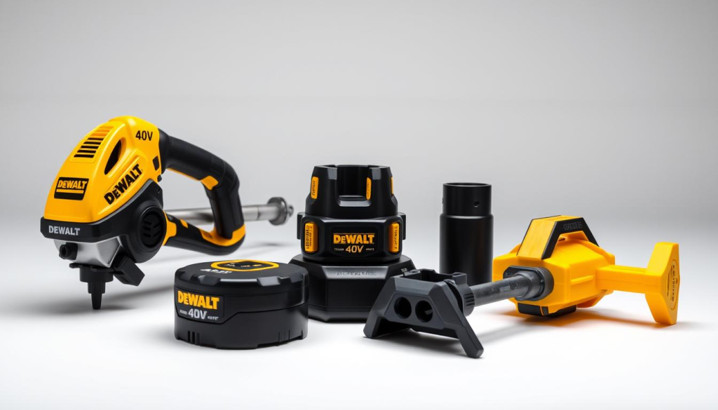 A well-lit, high-quality studio photograph of an assortment of DEWALT 40V weed eater accessories, including a trimmer head, a multi-tool adapter, a edger attachment, and a brush cutter. The accessories are arranged neatly on a clean, plain background, showcasing their design and features in detail. The lighting is soft and diffused, highlighting the textures and colors of the various components. The camera angle provides a clear, unobstructed view of the items, allowing the viewer to appreciate the full range of available accessories for the DEWALT 40V weed eater.