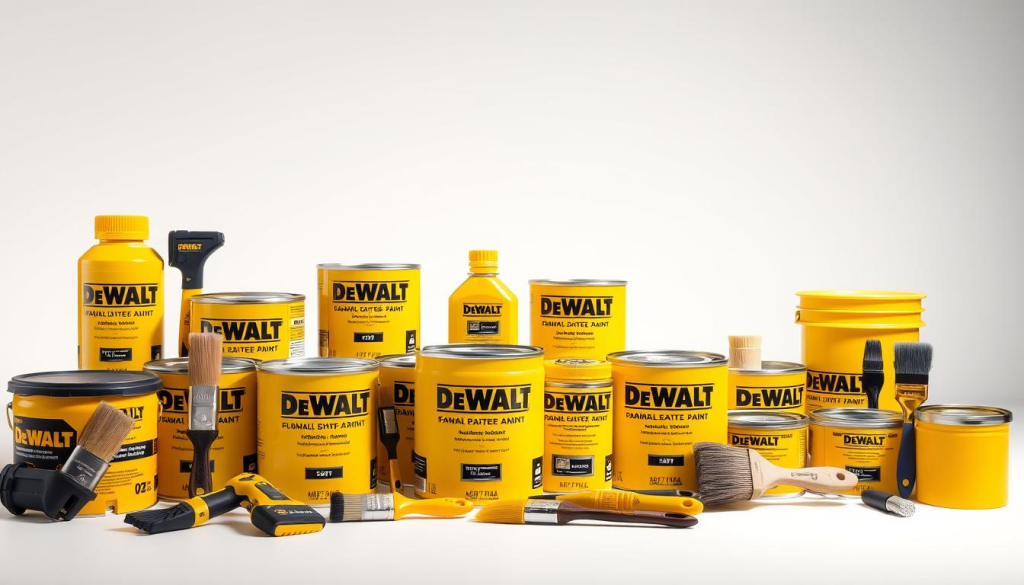 A well-lit, high-quality studio photograph of an assortment of DeWalt brand yellow paint products, including paint cans, brushes, and other accessories. The products are arranged on a clean, white background with subtle shadows to create depth and dimension. The lighting is soft and even, highlighting the vibrant yellow hues and glossy finishes of the paint cans. The composition is balanced and visually appealing, with the products neatly organized to showcase their individual features. The overall mood is professional, clean, and product-focused, reflecting the quality and reliability of the DeWalt brand.