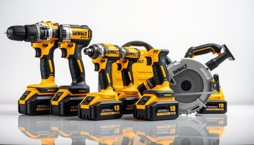 A well-lit, high-quality studio photograph of several DEWALT 18V cordless power tools, including a drill, impact driver, and circular saw, arranged neatly on a clean, reflective surface. The tools are showcased in a favorable light, highlighting their robust construction, ergonomic design, and premium branding. The background is a plain, neutral color that allows the products to be the main focus. The overall composition conveys a sense of reliability, performance, and user satisfaction, reflecting the positive reviews and widespread adoption of DEWALT's 18V power tool lineup.
