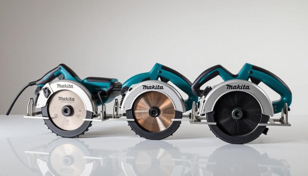 A well-lit, high-quality studio photograph showcasing a side-by-side comparison of three Makita 7 1/4" circular saws. The saws are positioned on a clean, reflective surface, allowing the viewer to clearly see their distinct features and designs. The image captures the saws from a slight elevated angle, highlighting the ergonomic handles, blade guards, and other key components. The background is clean and minimalist, maintaining the focus on the tools. Soft, directional lighting casts subtle shadows, emphasizing the depth and dimensionality of the saws. The overall composition is balanced and professional, providing a detailed, informative visual aid for the "Comparing Different Models of Makita Circular Saws" section of the article.