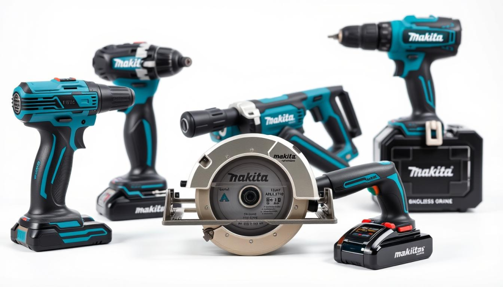 A well-lit, high-quality studio photograph showcasing an assortment of Makita cordless power tools. The foreground features a Makita impact driver, circular saw, and reciprocating saw, each with a sleek, modern design in the brand's signature blue and black color scheme. In the middle ground, a Makita cordless drill and angle grinder are positioned, highlighting their compact and ergonomic handles. The background is a clean, white backdrop, allowing the tools to take center stage and emphasize their professional-grade build quality and advanced features. The overall composition and lighting create a sense of balance, showcasing the tools' durability, versatility, and technological innovation that make Makita a trusted brand for any job.