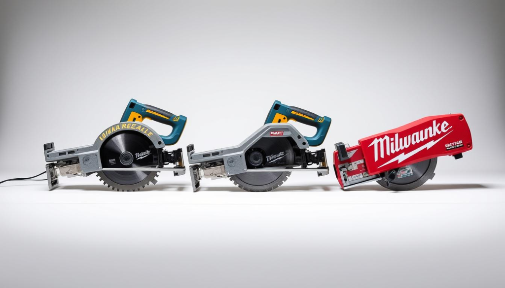 A well-lit, high-quality studio scene showcasing a side-by-side comparison of three popular drywall cutters: the Makita, DeWalt, and Milwaukee models. The cutters are positioned prominently in the foreground, their blades and cutting mechanisms clearly visible, allowing for detailed examination. The middle ground features a seamless drywall surface, emphasizing the precision and effectiveness of each tool. The background is a clean, neutral backdrop, ensuring the focus remains on the comparison of the drywall cutters. The lighting is soft and diffused, creating an even, professional appearance that accentuates the tools' features and highlights their differences.