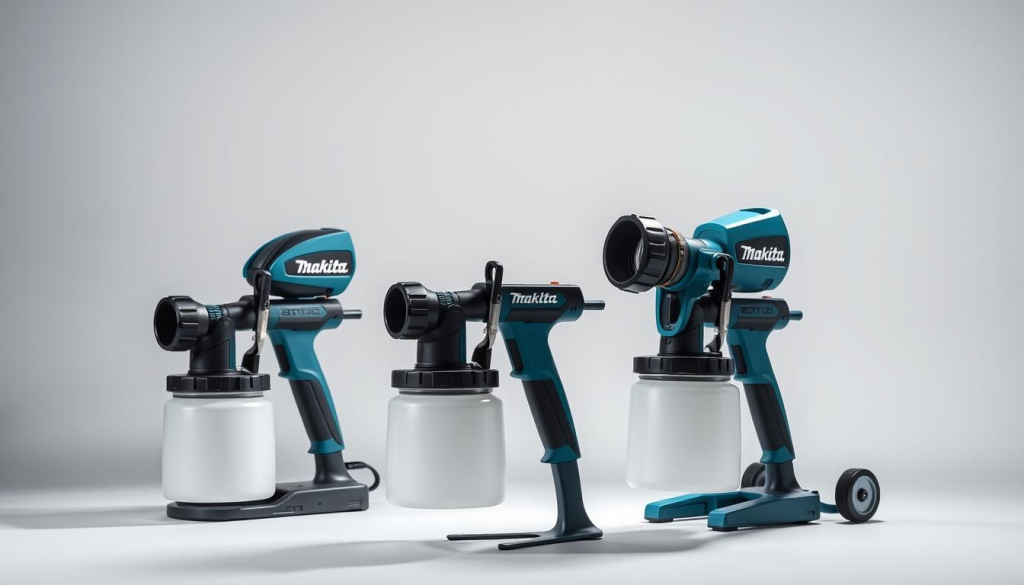 A well-lit, high-quality studio scene showcasing three Makita paint sprayers in the foreground against a clean, neutral background. The sprayers are displayed at an angle, allowing for a clear view of their various features and controls. Soft, directional lighting accentuates the sleek, modern design of the sprayers, with subtle shadows adding depth and dimension. The overall composition is balanced and visually appealing, inviting the viewer to closely examine the differences between the models. The scene conveys a sense of professionalism and attention to detail, suitable for an informative article on Makita's paint sprayer offerings.