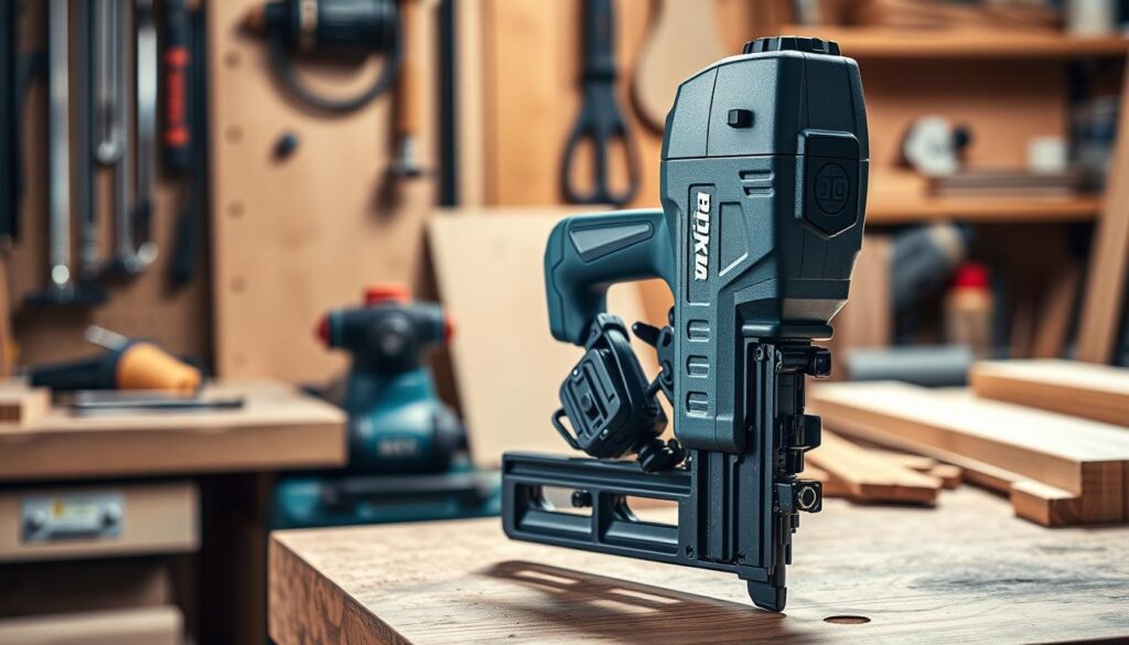 A well-lit, high-quality studio setup of a Makita finish nailer. In the foreground, the tool is prominently displayed, its sleek, gray body and ergonomic grip inviting the user's attention. The nailer is positioned on a sturdy, wooden workbench, surrounded by various woodworking tools and materials, creating a professional, workshop-like atmosphere. Soft, directional lighting casts subtle shadows, highlighting the intricate details of the nailer's design. The background is slightly blurred, adding depth and focus to the main subject. The overall scene conveys the precision, power, and versatility of the Makita finish nailer, perfectly suited for detailed woodworking projects.