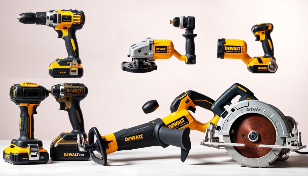 A well-lit, high-quality studio shot of an assortment of DEWALT power tools, including a cordless drill, angle grinder, reciprocating saw, and circular saw, arranged in a visually appealing grid layout. The tools are shown in a professional, clean, and detailed manner, highlighting their features and specifications. The background is a neutral, slightly blurred studio backdrop, allowing the power tools to be the focal point. The lighting is soft and even, creating a sense of depth and emphasizing the textures and materials of the tools. The overall composition is balanced and aesthetically pleasing, conveying a sense of the quality and capabilities of DEWALT's power tool lineup.