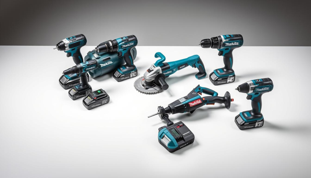 A well-lit, high-quality studio shot of an assortment of cordless power tools from Makita USA Inc. Featuring a variety of power tools including a cordless drill, angle grinder, reciprocating saw, and impact driver, all arranged on a clean, minimalist tabletop. The tools are showcased in a way that highlights their robust build quality, ergonomic design, and advanced features. The lighting is soft and diffused, creating a professional, aspirational atmosphere. The overall composition is balanced and visually appealing, drawing the viewer's attention to the craftsmanship and capabilities of Makita's popular power tool lineup.