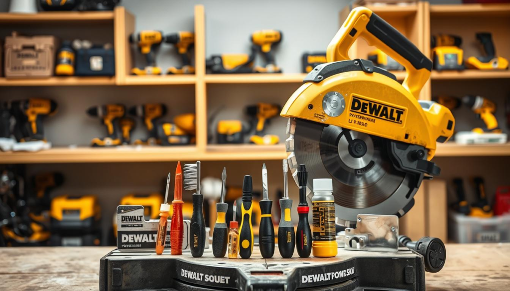 A well-lit, high-quality workshop setting with a DEWALT miter saw positioned prominently in the foreground. The saw is open, with the blade and internal components clearly visible, showcasing the intricate mechanics. In the middle ground, a set of maintenance tools - screwdrivers, brushes, and lubricants - are arranged neatly, suggesting the ongoing care and upkeep required for the saw. The background features shelves stocked with other DEWALT power tools, creating a professional, well-equipped workspace. The overall scene conveys a sense of technical expertise, attention to detail, and a commitment to maintaining the longevity and performance of the DEWALT miter saw.