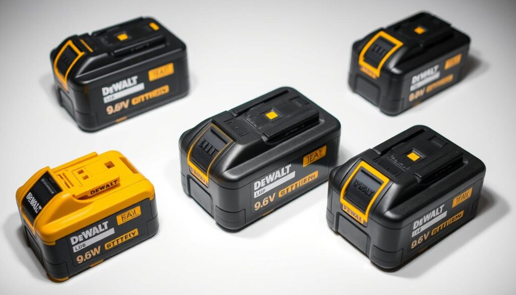 A well-lit, high-resolution close-up comparison of three DeWalt 9.6V lithium-ion batteries, showcasing their distinct designs and highlighting the key features that set them apart. The batteries are arranged in a clean, organized manner against a plain white background, allowing the details and textures to stand out. Subtle shadows and reflections create depth and dimensionality, while balanced lighting accentuates the batteries' sleek, modern appearances. The image captures the durability, reliability, and premium quality that define the DeWalt brand, conveying a sense of professionalism and technical prowess.