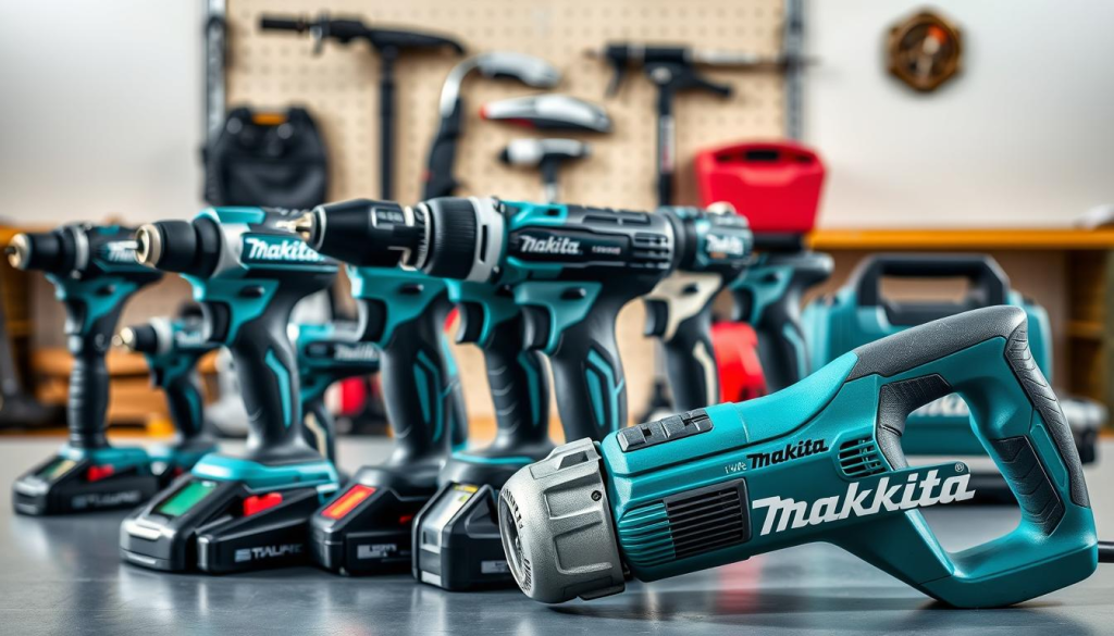 A well-lit, high-resolution close-up image of a Makita power tool set displayed prominently in the foreground, with other competing power tool brands arranged in the middle ground for comparison. The Makita tools should be showcased in crisp detail, highlighting their distinctive branding, ergonomic design, and premium build quality. The background should feature a clean, minimalist workspace setting, allowing the power tools to be the central focus. Capture the tools at an angle that emphasizes their size, weight, and overall capability, conveying a sense of professional-grade performance. The lighting should be natural and directional, casting subtle shadows to accentuate the tools' textures and materials.