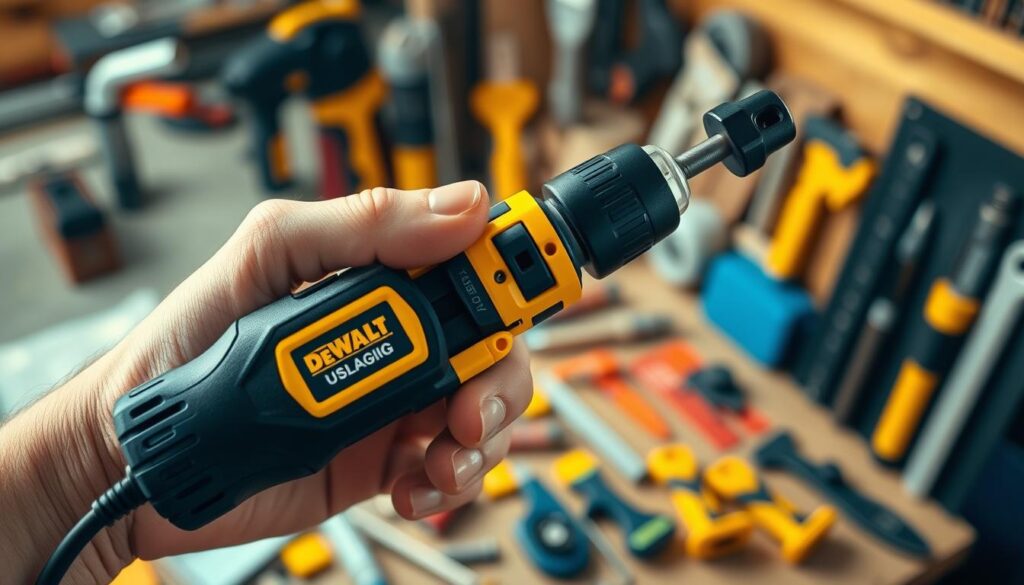 A well-lit, high-resolution close-up of a DEWALT USB screwdriver being used to assemble a DIY home improvement project. The screwdriver is held firmly in the foreground, with its sleek black and yellow design and USB charging port clearly visible. In the middle ground, various home improvement tools and materials are arranged neatly, suggesting the versatility of the screwdriver in a range of DIY tasks. The background is blurred, creating a sense of depth and focus on the screwdriver's functionality. The lighting is warm and natural, highlighting the screwdriver's durability and precision in a practical, workshop-like setting.