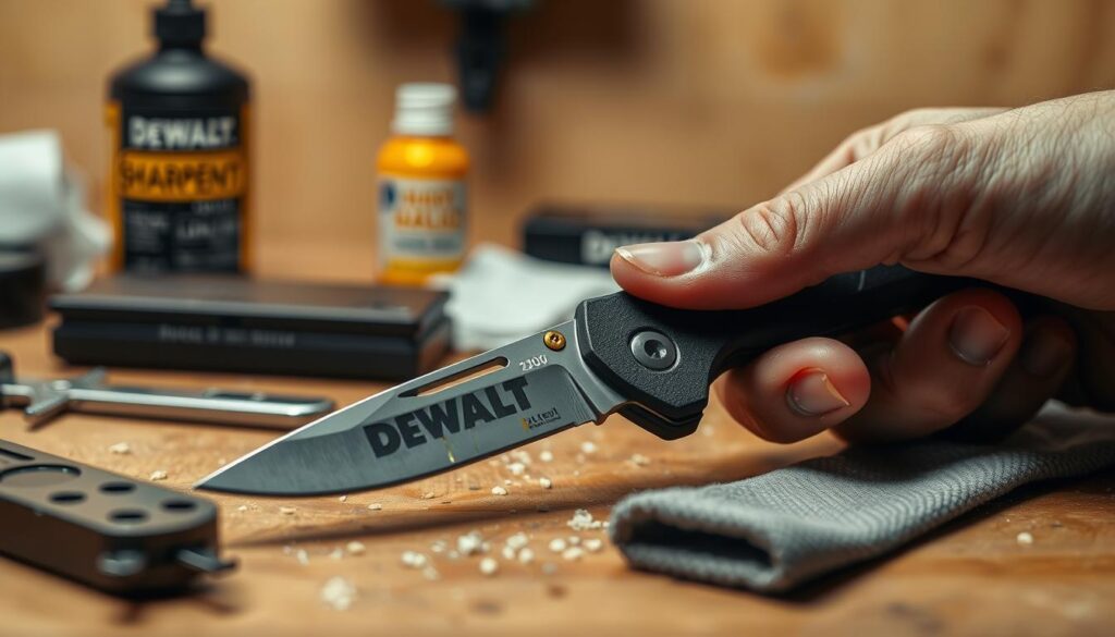 A well-lit, high-resolution close-up of a Dewalt folding knife undergoing maintenance. In the foreground, a skilled hand meticulously cleans and oils the knife's blade, emphasizing the precision and care required. In the middle ground, an assortment of maintenance tools such as a sharpening stone, lubricant, and a clean cloth are neatly arranged. The background features a warm, neutral-toned workspace, suggesting a professional, workshop-like setting. The lighting is soft and diffused, creating a sense of focus and attention to detail. The overall tone is one of diligence and commitment to preserving the longevity and performance of the DEWALT folding knife.