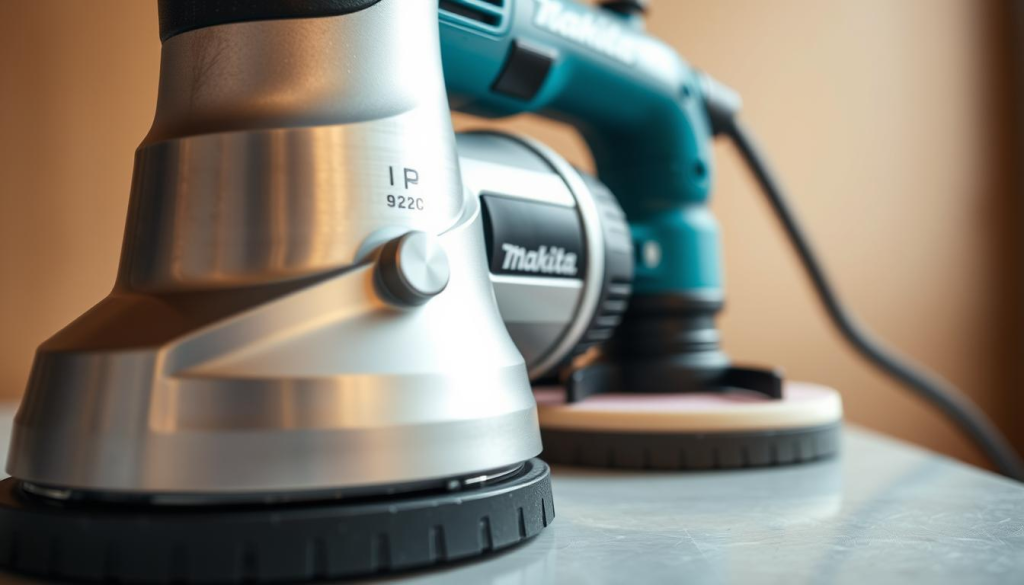 A well-lit, high-resolution close-up of a Makita 9227C rotary polisher. The polisher is presented in the foreground, with a crisp, detailed rendering of its brushed metal housing, prominent speed control dial, and sturdy base. The middle ground shows the polisher's rotating head and soft foam pad, ready for maintenance and upkeep. The background subtly fades into a neutral, slightly blurred environment, allowing the tool to be the focal point. Warm, natural lighting illuminates the scene, casting gentle shadows and highlights that accentuate the polisher's robust and professional design. An overall sense of precision, care, and attention to detail permeates the image, reflecting the maintenance needs of this specialized sanding tool.