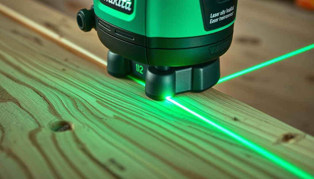 A well-lit, high-resolution close-up of a professional-grade Makita green laser level in use on a DIY woodworking project. The laser level is casting a precise, straight line on a weathered wooden surface, illuminating the tool's advanced features. The background is softly blurred, emphasizing the laser's central role. The image captures the utility and precision of the Makita laser level as an essential tool for DIY enthusiasts tackling intricate home improvement tasks.