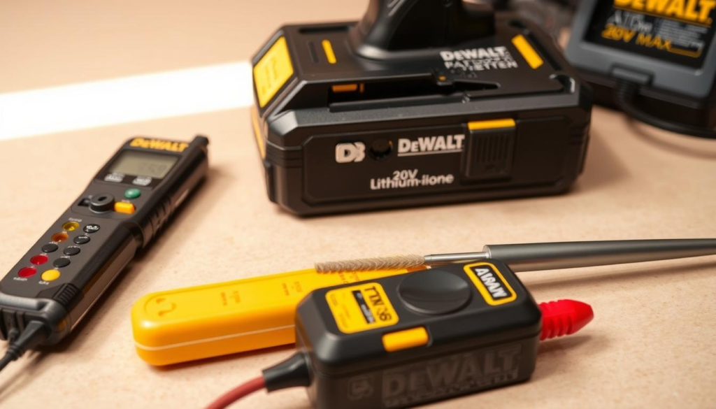A well-lit, high-resolution close-up photograph of a DEWALT 20V MAX* lithium-ion battery pack, showcasing its inner components and maintenance processes. The battery is positioned on a clean, neutral-toned surface, with a focus on the battery terminals, vents, and locking mechanism. In the foreground, a set of tools - a multimeter, a wire brush, and a battery charger - are neatly arranged, suggesting the steps involved in battery maintenance. The image has a technical, informative tone, conveying the importance of proper battery care for maximizing the longevity and performance of DEWALT power tools.