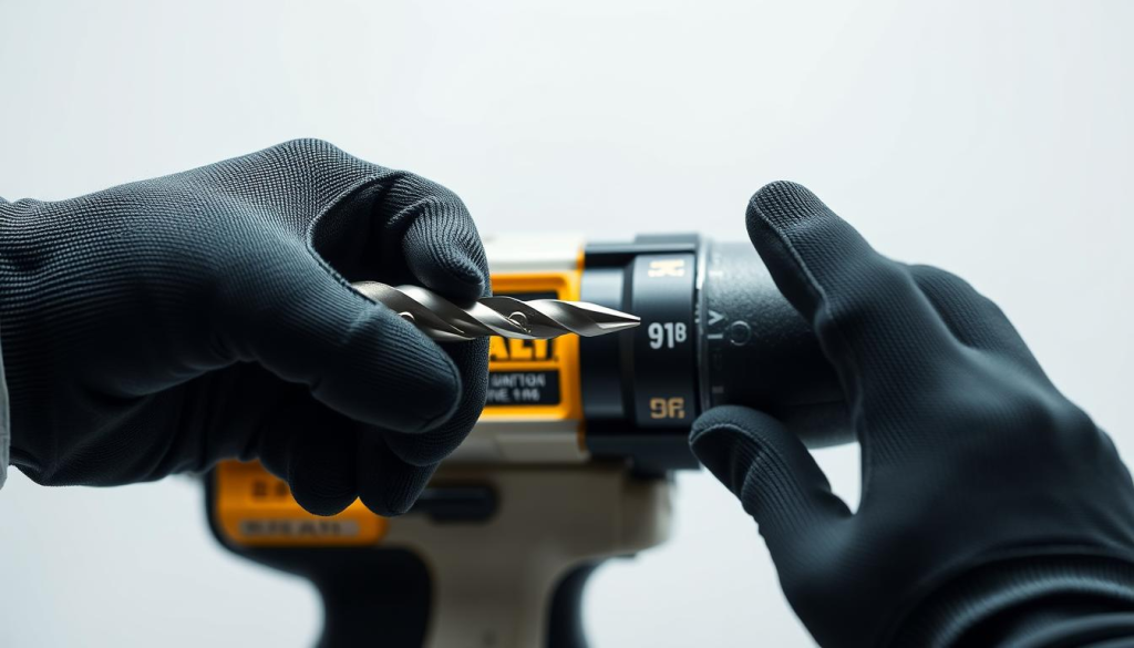 A well-lit, high-resolution close-up photograph of a DeWalt drill bit being replaced, set against a clean, clinical background. The foreground features the drill bit being held by a pair of gloved hands, with the drill body in the middle ground. The background is a simple, uncluttered white or gray surface, providing a minimalist, professional context. The lighting is bright and even, showcasing the intricate details of the drill bit and the mechanics of the replacement process. The angle is slightly elevated, giving a clear, detailed view of the procedure. The overall mood is one of precision, safety, and technical expertise.