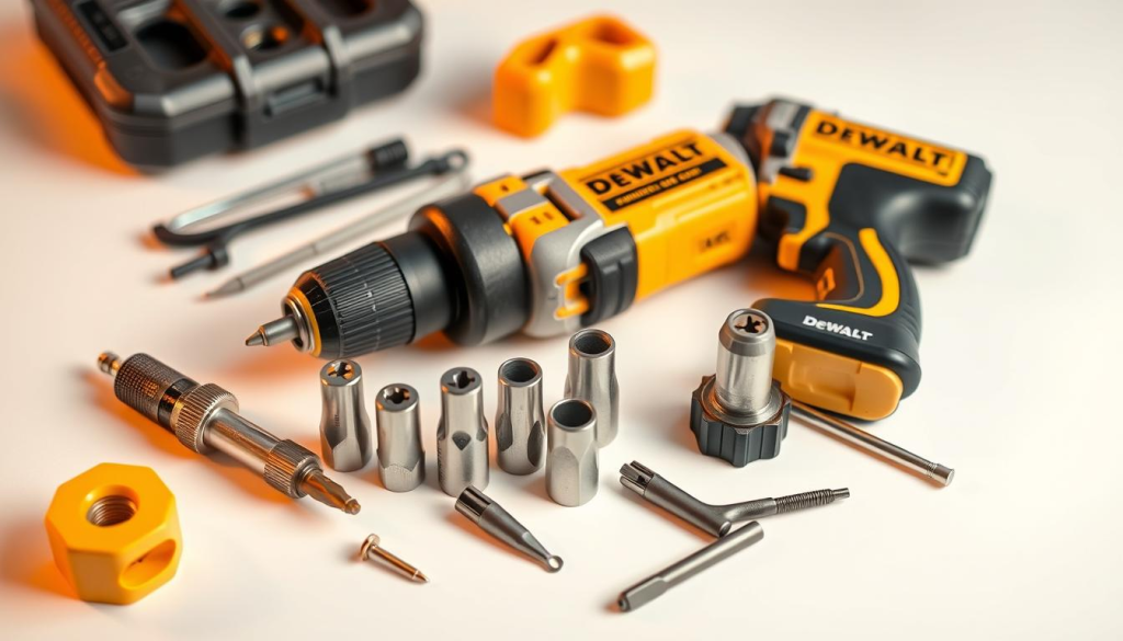 A well-lit, high-resolution close-up photograph of a Dewalt 089LG cordless drill's accessories and add-ons, showcased on a clean, white background. The drill bits, attachments, and peripheral tools are arranged neatly, highlighting their intricate details and the overall compact, robust design of the Dewalt power tool. Warm, directional lighting emphasizes the metallic textures and sleek lines of the accessories, creating a visually appealing and informative image to complement the article's "Accessories and Add-Ons" section.