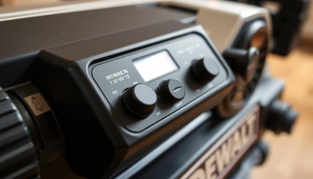 A well-lit, high-resolution close-up photograph of the control panel on a Dewalt 734 wood planer. The panel is centered in the frame, showcasing the intuitive button layout and easy-to-read digital display. The knobs and switches are crisp and detailed, conveying a sense of precision engineering. The planer's sleek, black housing provides a clean, modern backdrop, allowing the control features to take center stage. Subtle shadows and highlights create depth and dimension, highlighting the tactile nature of the buttons and dials. The overall mood is one of user-friendliness and confidence, inviting the viewer to imagine the effortless operation of this powerful woodworking tool.