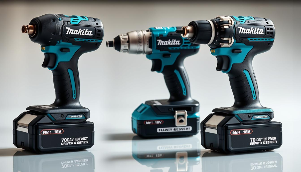 A well-lit, high-resolution close-up photograph of three Makita 18V impact driver models placed side-by-side on a clean, reflective surface. The models are arranged in a visually appealing, symmetrical layout, showcasing their distinctive designs and features. Careful attention is paid to capturing the textures, materials, and subtle differences between the models. The lighting is soft and diffused, highlighting the models' contours and colors. The image has a clean, professional aesthetic, allowing the viewer to closely examine and compare the Makita 18V impact driver options.