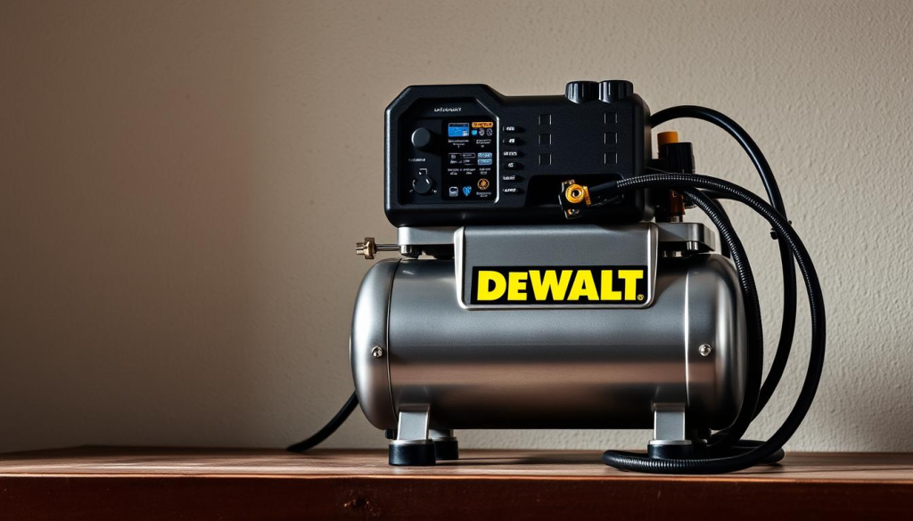 A well-lit, high-resolution close-up shot of a DEWALT Ultra Quiet air compressor setup, showcasing its sleek and compact design. The compressor is placed on a sturdy workbench against a neutral background, allowing the focus to remain on the device. The lighting is soft and natural, highlighting the compressor's metallic accents and the details of its control panel and hoses. The image conveys a sense of professionalism and efficiency, reflecting the air compressor's power and quietness. The camera angle is slightly elevated to provide a clear, unobstructed view of the setup.