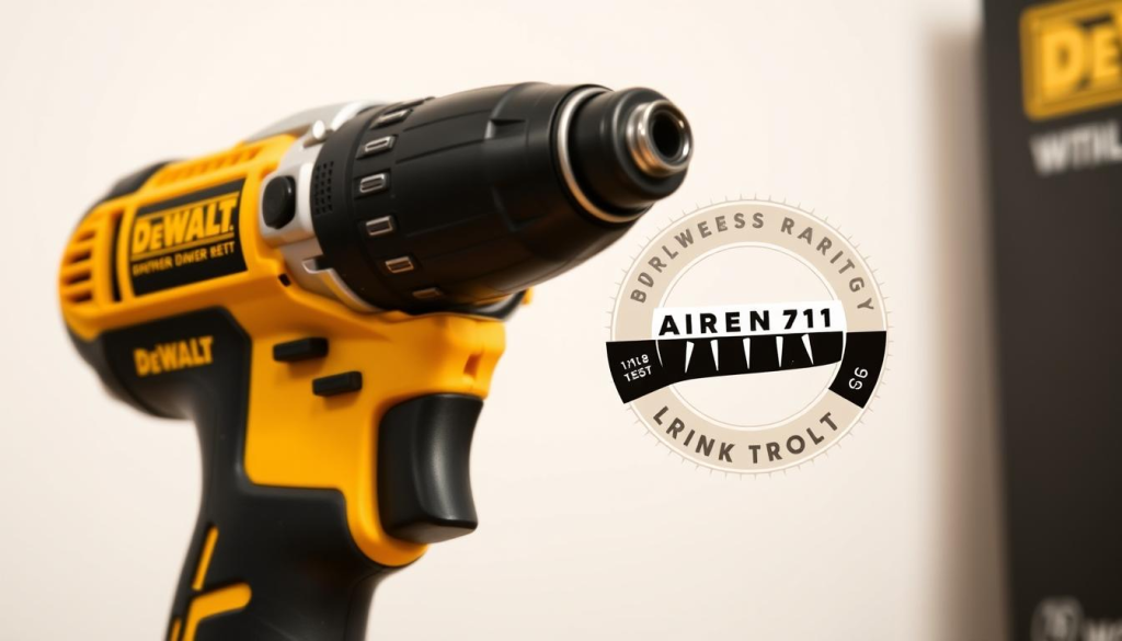 A well-lit, high-resolution close-up shot of a DEWALT cordless drill, showcasing its sturdy construction and sleek design. The drill is prominently displayed against a simple, clean background, allowing the viewer to focus on the product's key features. The image should convey a sense of quality, durability, and attention to detail, reflecting the brand's reputation for reliable power tools. Emphasis should be placed on the drill's warranty information, prominently displayed on the casing or packaging, to highlight the product's long-term value and customer support.
